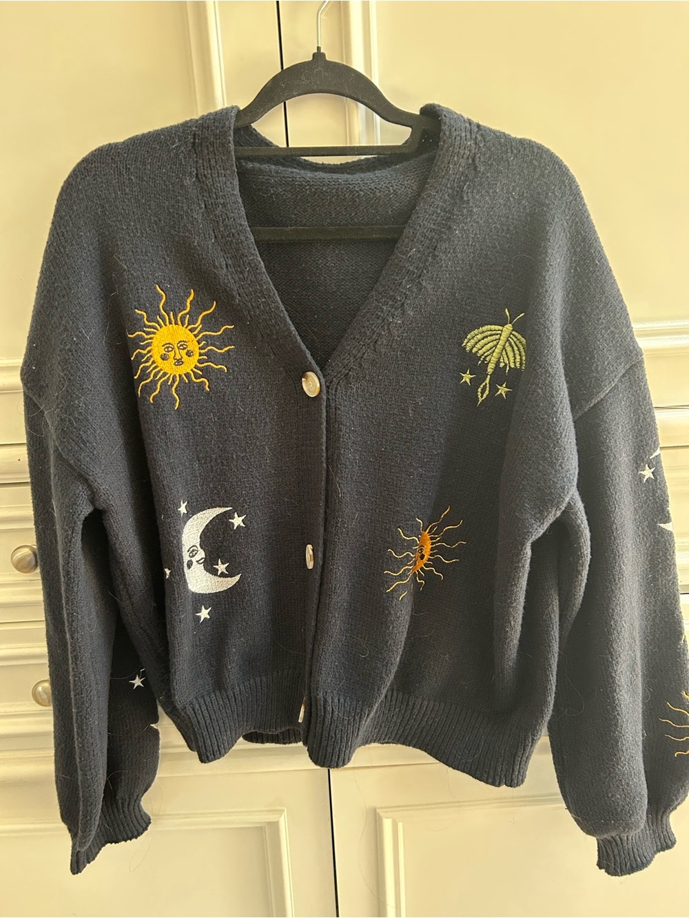 Navy Embroidered Sun & Moon Button Cardigan Sweater - Women